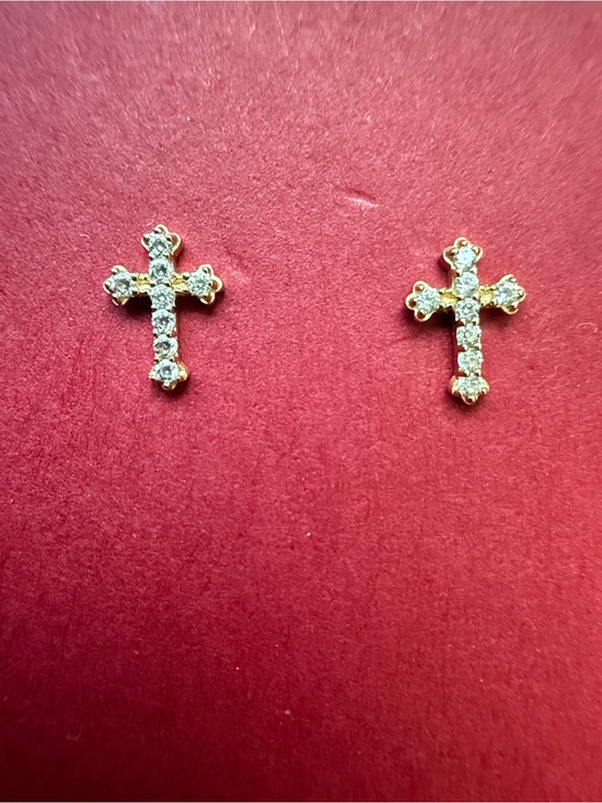 Jewelry - Solid 14kt Delicate Gold Cross CZ Stud Earrings